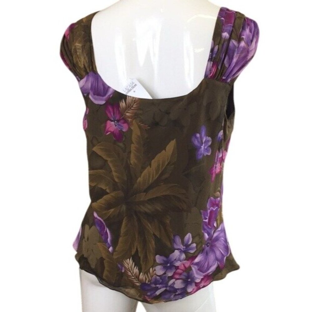 Jones New York Cap Sleeve Floral Blouse V-Neckline & Ruched Shoulders Medium - Picture 2 of 5